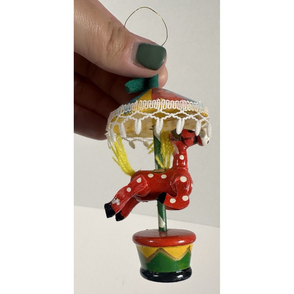 VTG Russ Wooden Christmas Ornament Circus Carousel Horse Red Polkadot